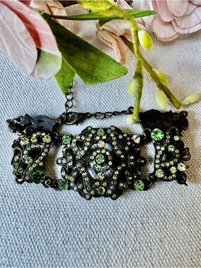 VIDA Black Antiqued Statement Green Rhinestone Wide Gothic Filigree Bracelet